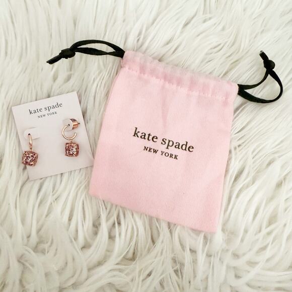 KATE SPADE | Square Glitter Stone Charm Huggie Hoop Earrings Rose Gold Pink - Picture 2 of 7